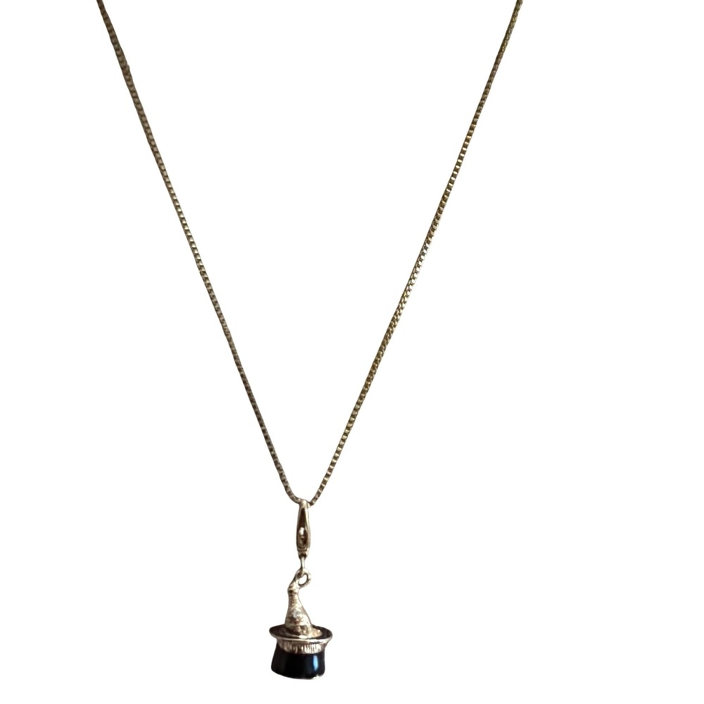 Gold Tone Magic Top Hat Rabbit Pendant Necklace Black Enamel Box Chain Novelty